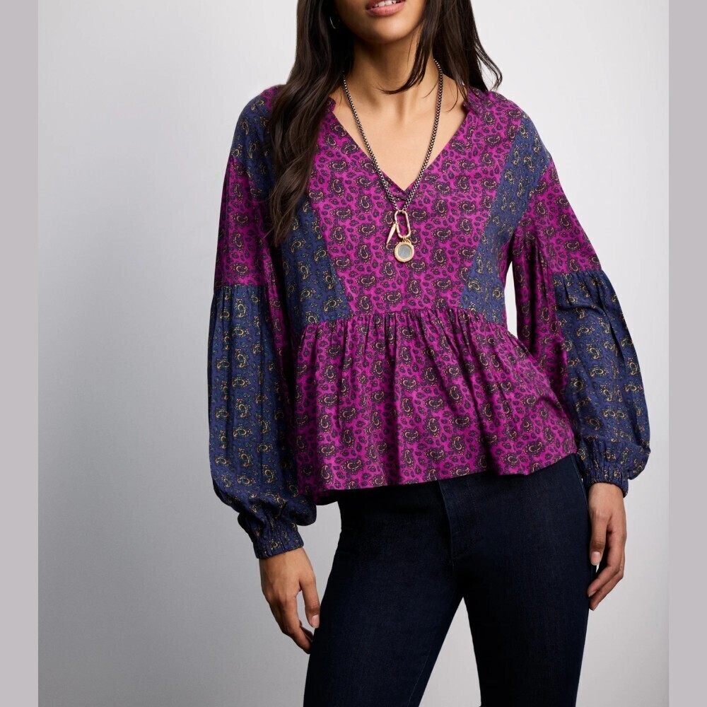 Magenta / Navy Paisley Patchwork V Neck Peplum Blouse with Balloon Sleeves
